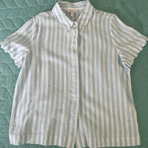 Crown & Ivy Light Blue and White Striped Shirt with scalloped trim